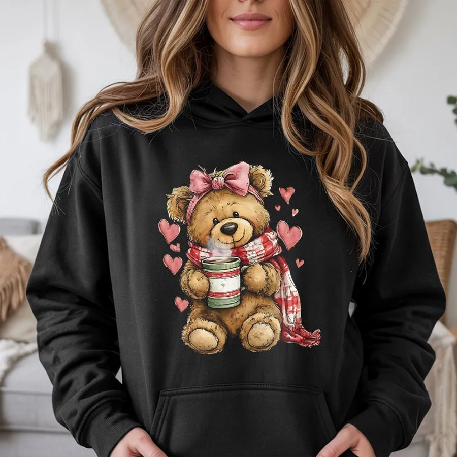 Cute Teddy Bear Hoodie | Valentine Coquette Aesthetic Graphic Sweatshirt | Premium Cotton Blend | Gift for Her Girlfriend Women Teen