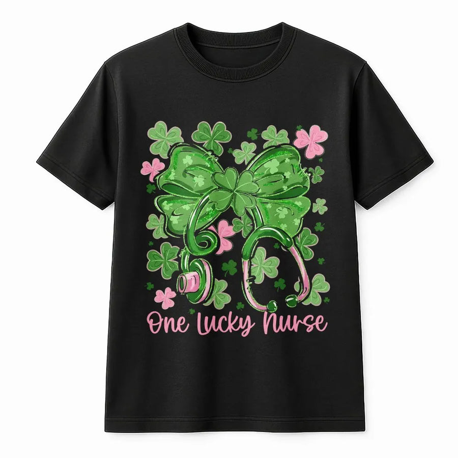 One Lucky Nurse T-Shirt | St. Patrick's Day Shamrock Stethoscope Graphic | Premium Soft Cotton Tee | Nursing Student Gift & Holiday Scrub Top