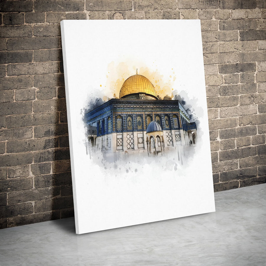 Dome Of The Rock Canvas Wall Art | Watercolor Jerusalem Landmark | Premium Gallery Wrap Print | Religious Home Decor Gift