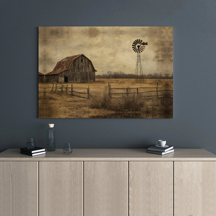 Rustic Farmhouse Wall Art | Vintage Barn and Windmill Landscape | Premium Gallery-Wrapped Canvas | Country Home Decor Gift
