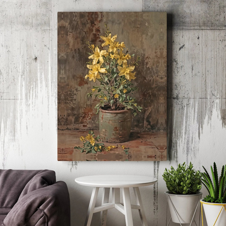 Vintage Botanical Canvas Print | Rustic Yellow Flower Still Life Painting | Premium Gallery Wrapped Canvas | Farmhouse Home Decor Gift