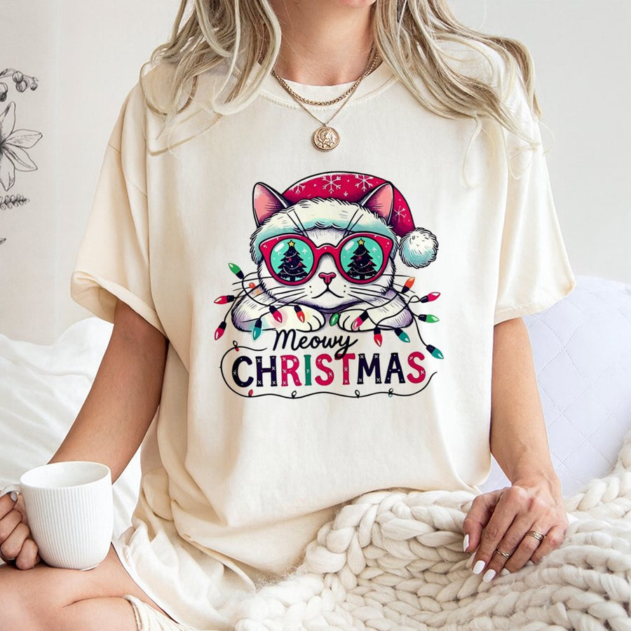 Meowy Christmas T-Shirt | Funny Cat Santa Hat Graphic | 100% Cotton Premium Tee | Cute Holiday Gift For Cat Lovers