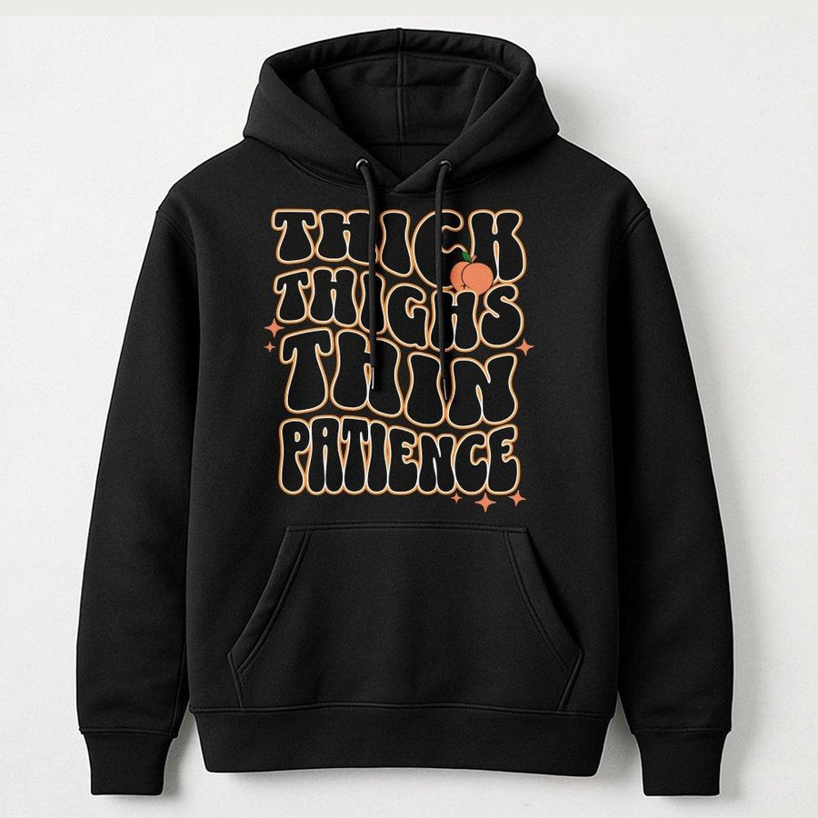 Thick Thighs Thin Patience Hoodie | Retro Groovy Typography Graphic | Premium Cotton Blend | Funny Gym Gift for Women and Fitness Enthusiasts