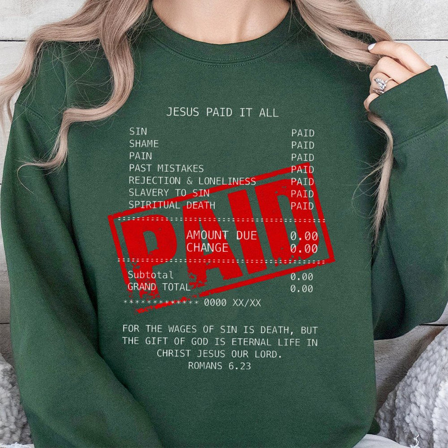 Jesus Paid It All Sweatshirt | Romans 6.23 Bible Verse Design | Cotton Blend Christian Apparel | Faith-Based Gift for Men and Women