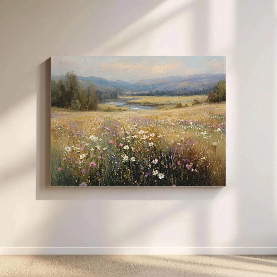 Wildflower Meadow Canvas Wall Art | Vintage Oil Painting Style Art Print | Thick Gallery Wrap Canvas | Farmhouse Living Room Decor Gift