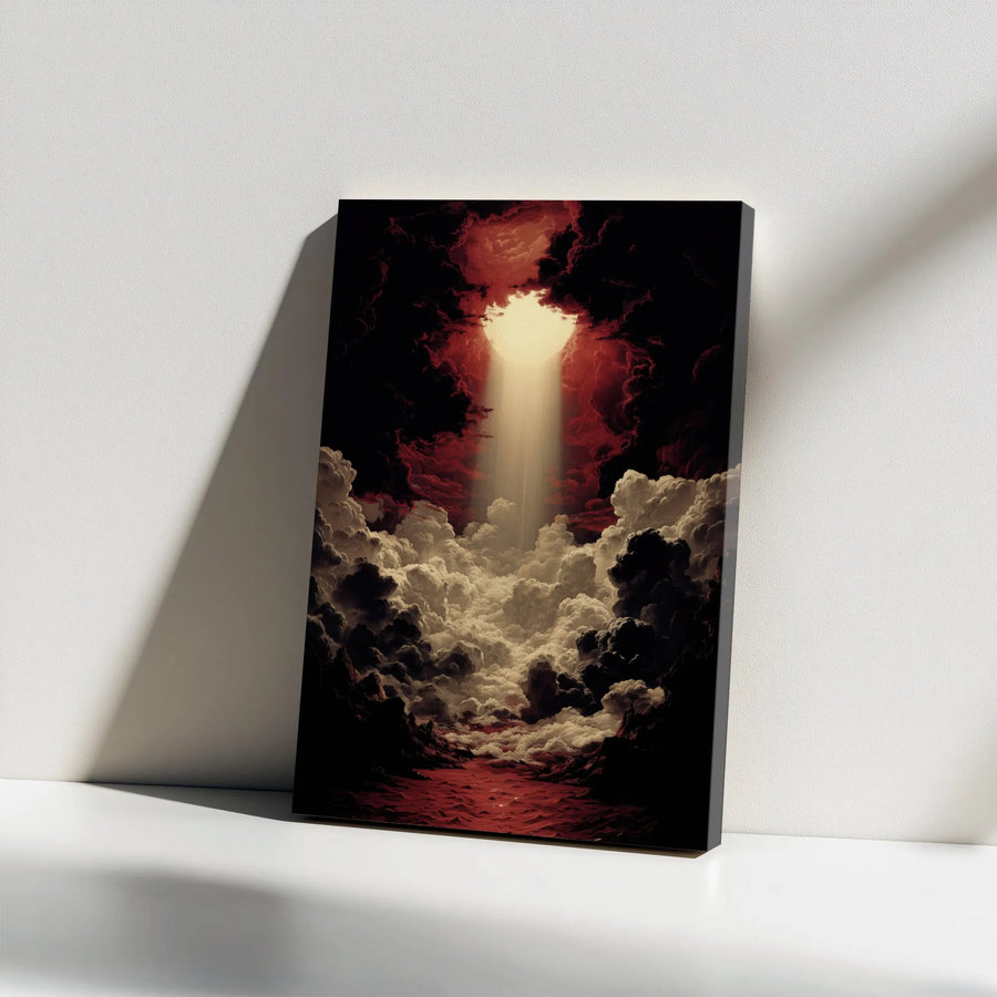Dramatic Cloudscape Canvas Art | Surreal Heavenly Light & Red Clouds Painting | Thick Gallery Wrapped Canvas | Gothic Home & Office Decor Gift