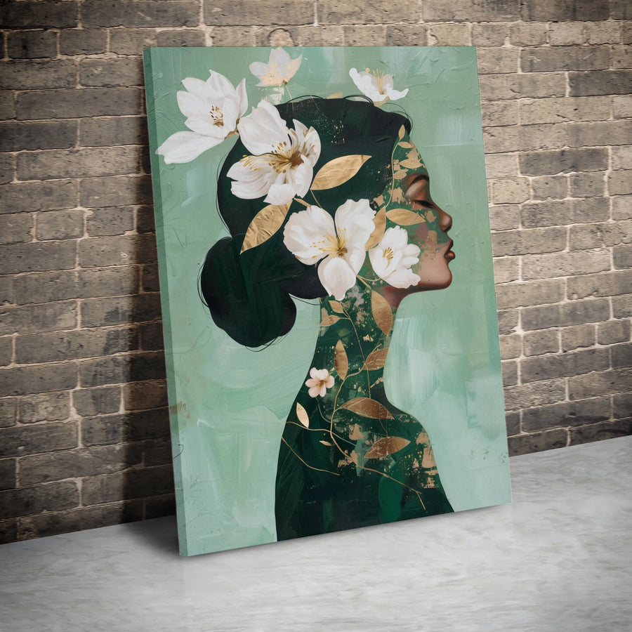 Black Woman Floral Vertical Canvas | Modern Botanical Portrait with Gold Accents | Premium Thick Gallery Wrap | Living Room Wall Art Gift for Her