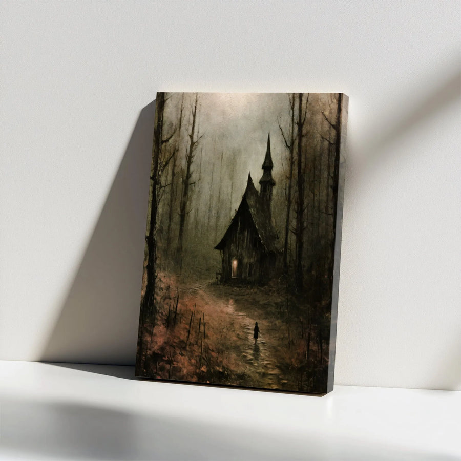 Gothic Haunted Forest Canvas Wall Art | Moody Dark Church Landscape | Premium Gallery-Wrapped Print | Eerie Home Decor Gift