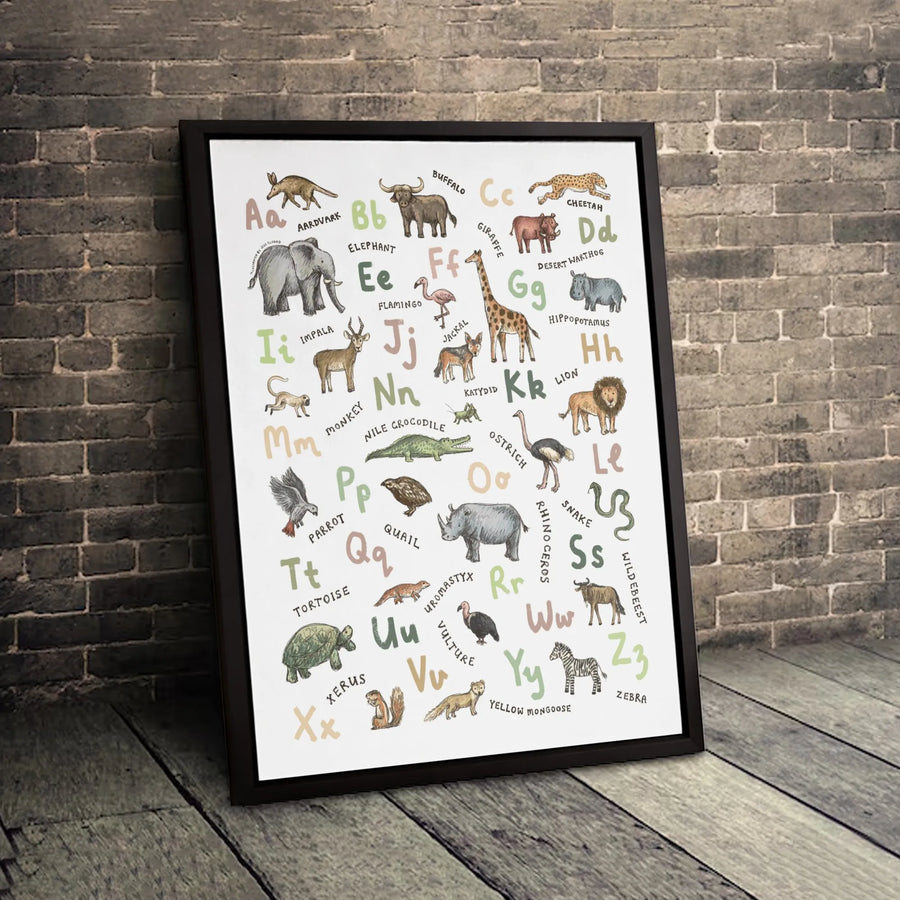 Animal Alphabet Wall Art | Watercolor Safari Nursery Decor | Premium Gallery Wrap Canvas | Educational Kids Room Gift