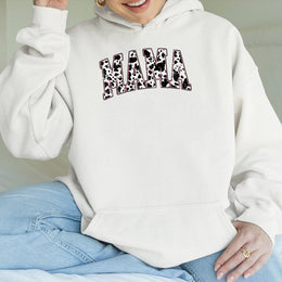 Mama Hoodie Cow Print | Retro Western Varsity Lettering | Premium Cotton-Poly Blend | Cute Gift For Mom, Cowgirl, Mother's Day 2026