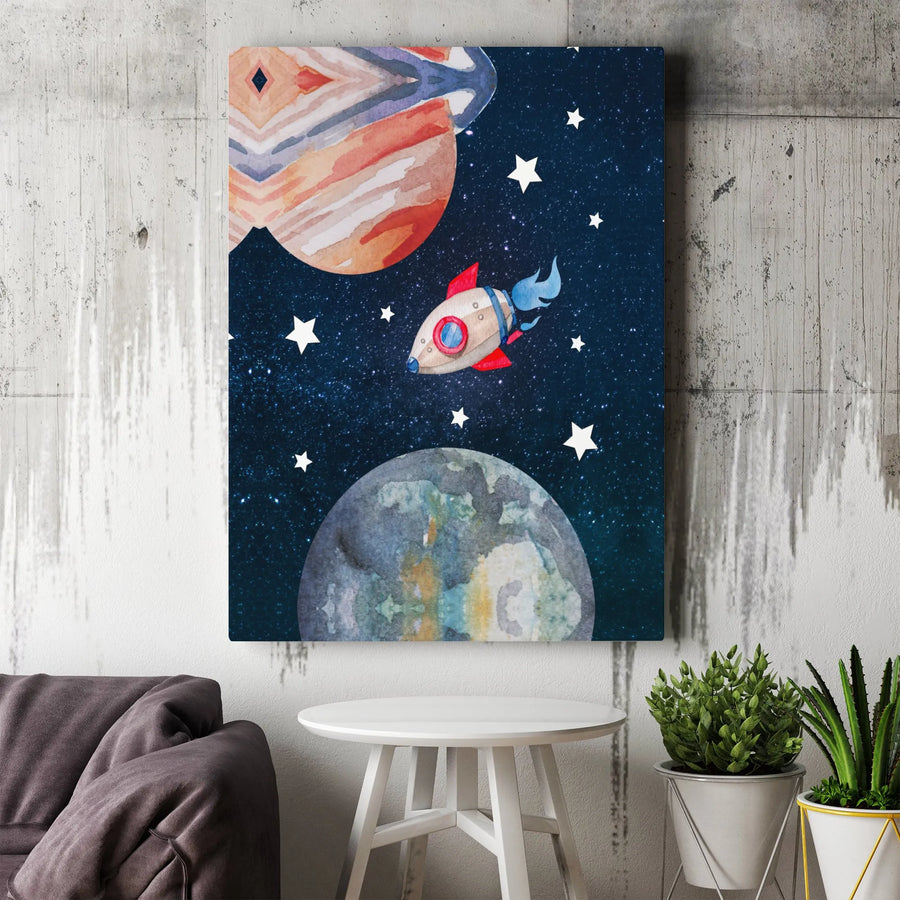 Watercolor Rocket Ship Canvas Art | Outer Space Nursery Wall Decor | Gallery Wrapped Premium Print | Kids Room Gift For Boys And Girls