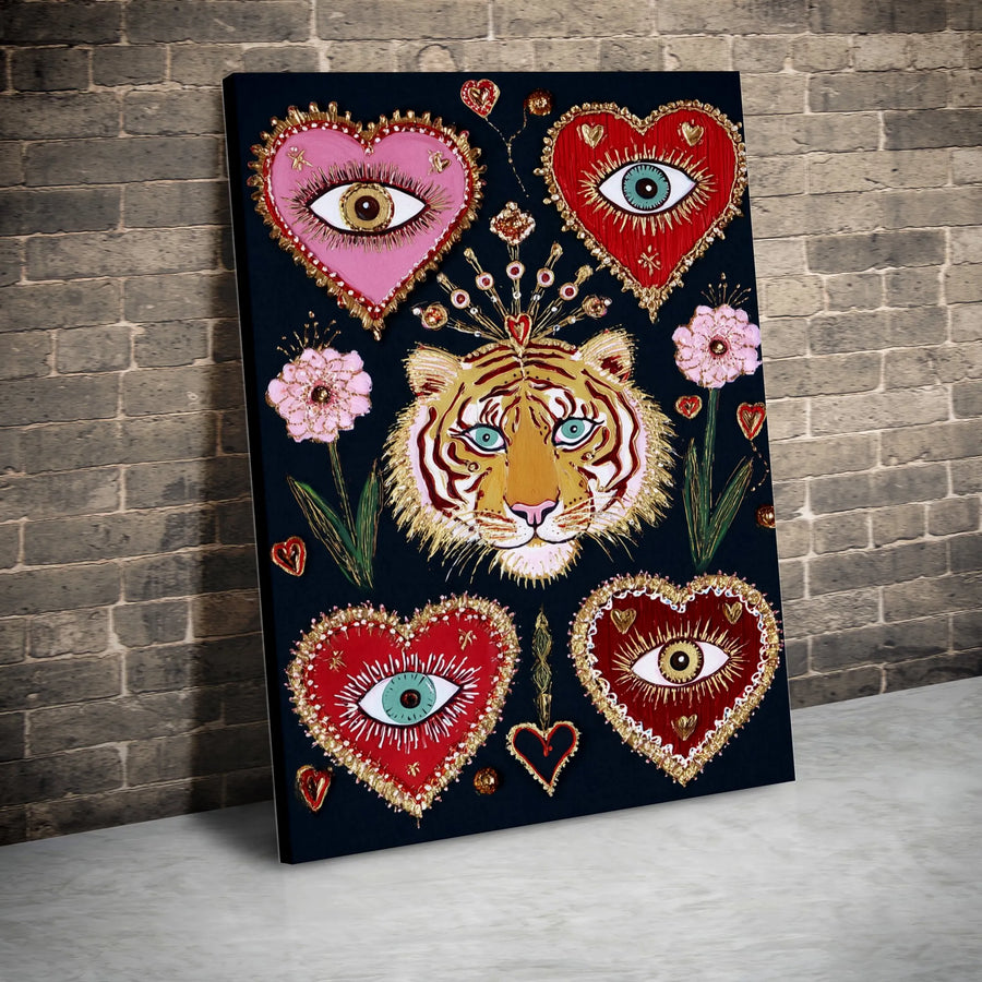 Crowned Tiger Canvas Art | Mystical Evil Eye Hearts & Floral Print | Premium Fade-Resistant Gallery Wall | Unique Boho Home Decor Gift