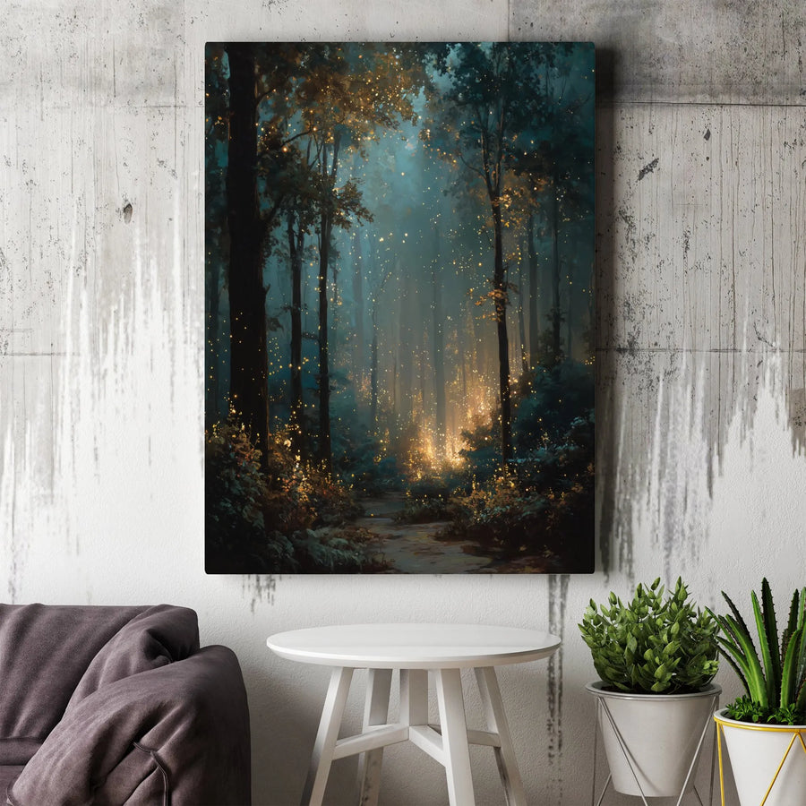 Enchanted Forest Canvas Print | Mystical Woodland with Glowing Fireflies | Premium Fade-Resistant Art | Fantasy Wall Decor Gift for Home or Office