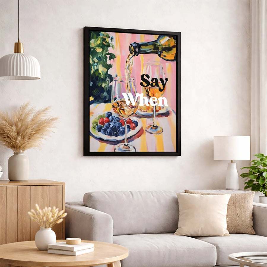 Say When Wine Wall Art | Impressionist Pouring Wine & Berries Print | Premium Gallery Wrapped Canvas | Elegant Kitchen & Bar Decor Gift