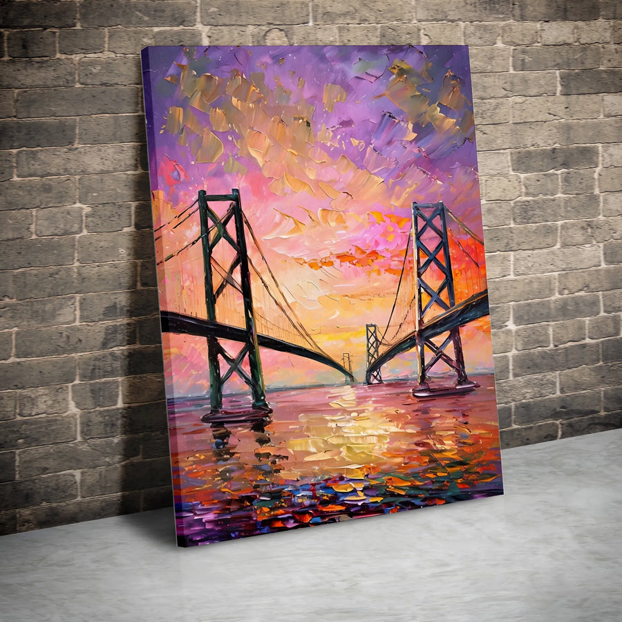Bay Bridge Canvas Wall Art | Impasto Sunset Impressionist Painting | Premium Fade-Resistant Print | Elegant Home & Office Decor Gift