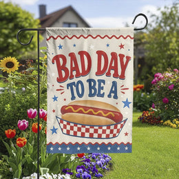 Funny Hotdog Garden Flag | Bad Day To Be A Hotdog Quote | Double-Sided Weatherproof Banner | Summer BBQ Party Decor Gift for Grill Master