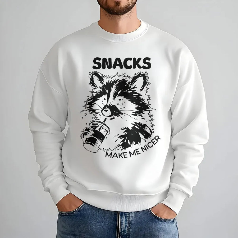 Snacks Make Me Nicer Raccoon Sweatshirt | Funny Coffee Lover Graphic | Soft Cotton Blend | Sarcastic Animal Gift for Men and Women