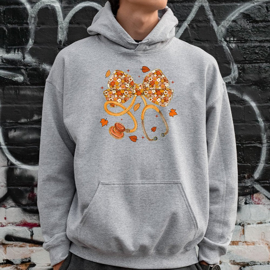Nurse Stethoscope Hoodie | Fall Floral Bow Graphic | Premium Cotton Blend | Gift for Nursing Student & Healthcare Professional
