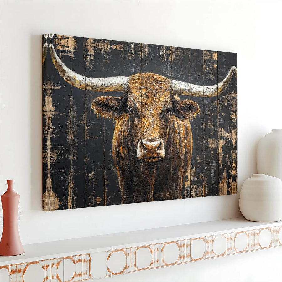 Texas Longhorn Canvas Wall Art | Textured Western Bull Painting on Distressed Wood Panel Style | Premium Gallery Wrapped Canvas | Farmhouse Living Room Decor Gift for Men