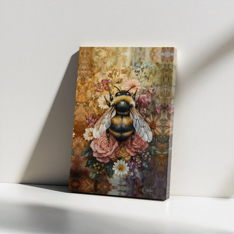 Bumblebee Floral Canvas Wall Art | Vintage Botanical Bee Oil Painting Print | Gallery Wrap Home Decor | Premium Nature Gift For Her