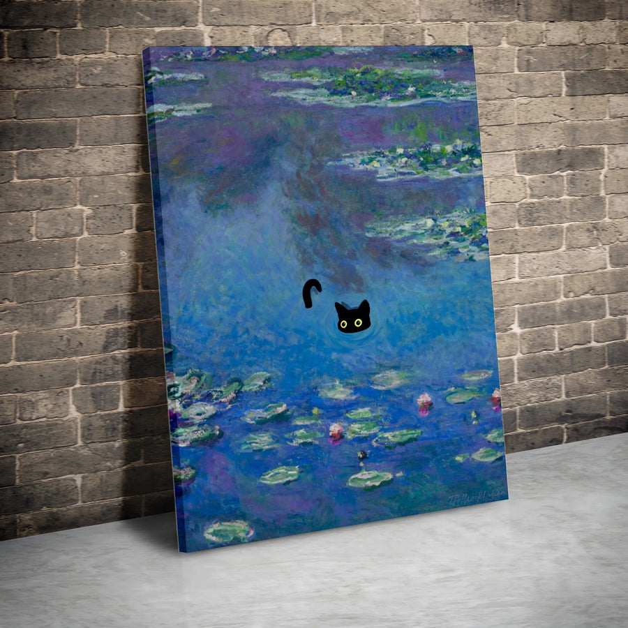 Black Cat Wall Art | Monet Water Lilies Impressionist Style | Gallery Quality Canvas Print | Whimsical Home Decor Gift for Cat Lovers