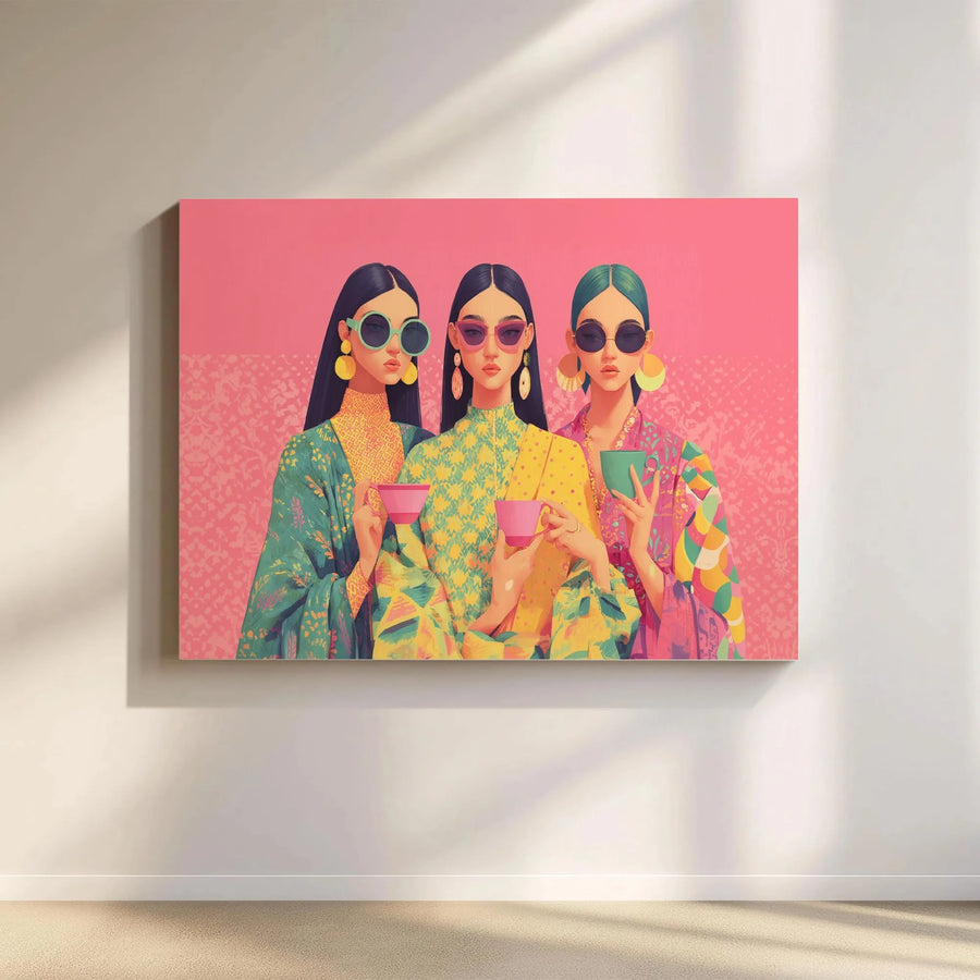 Fashionable Women Canvas Wall Art | Colorful Retro Style Tea Party | Premium Gallery Wrap Print | Chic Home Decor Gift for Her