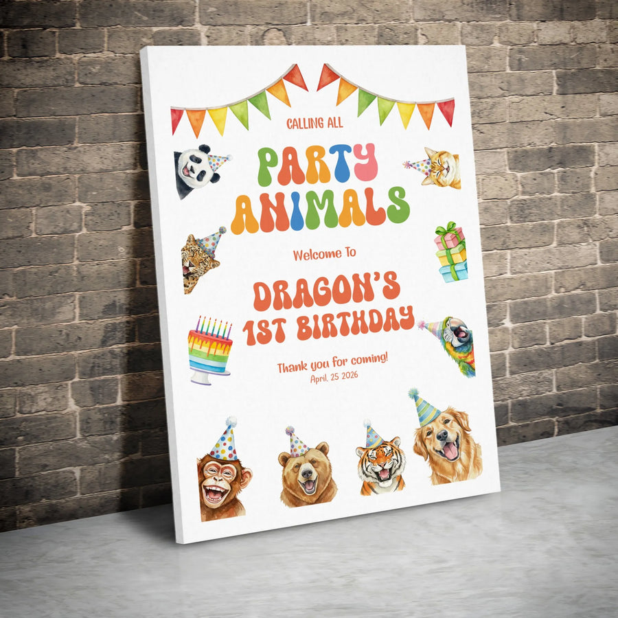 Party Animals Birthday Welcome Sign | Watercolor Jungle & Pet Animals | Premium Canvas Wall Art | Baby's First Birthday Decor Gift