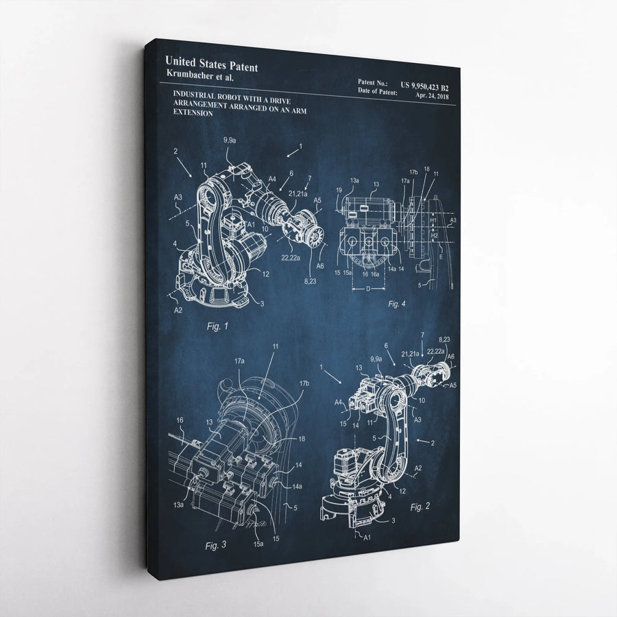Industrial Robot Patent Vertical Canvas | Vintage Blueprint Style Wall Art | Premium Frameless Canvas Print | Collector's Gift for Engineer Office Decor