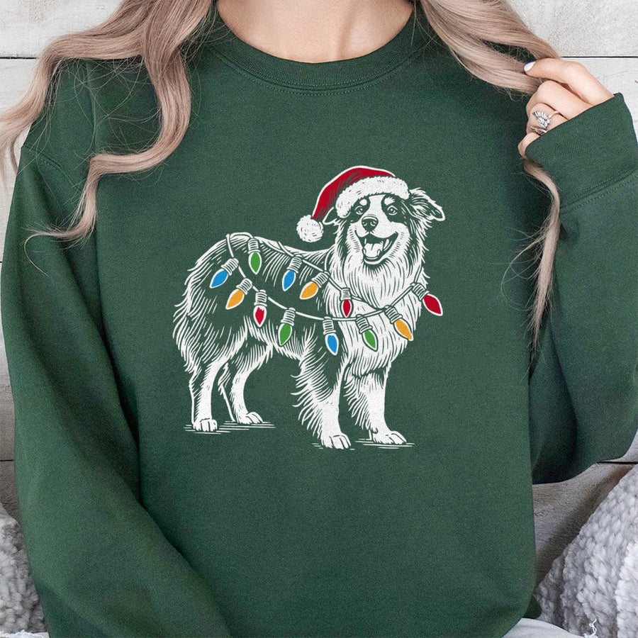 Australian Shepherd Christmas Sweatshirt | Festive Santa Hat and Lights Graphic | Soft Cotton Blend Unisex Pullover | Holiday Dog Lover Gift