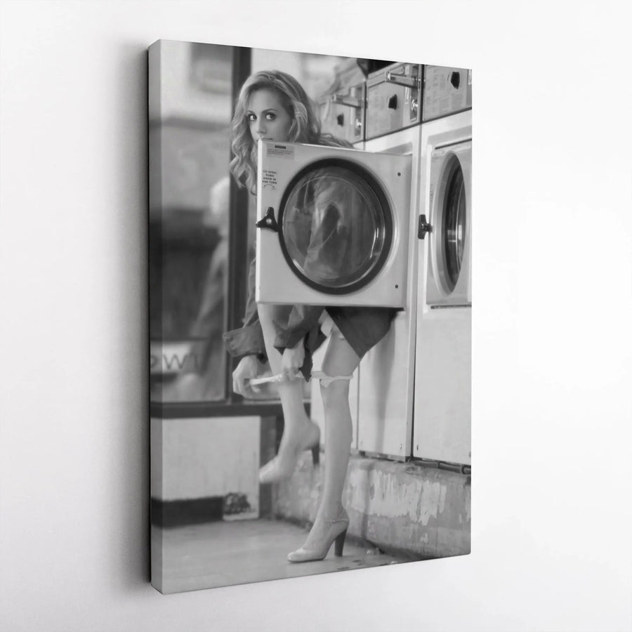 Retro Pin-Up Girl Canvas Print | Black and White Laundromat Photography | Premium Gallery Wrapped Wall Art | Modern Man Cave & Garage Decor Gift
