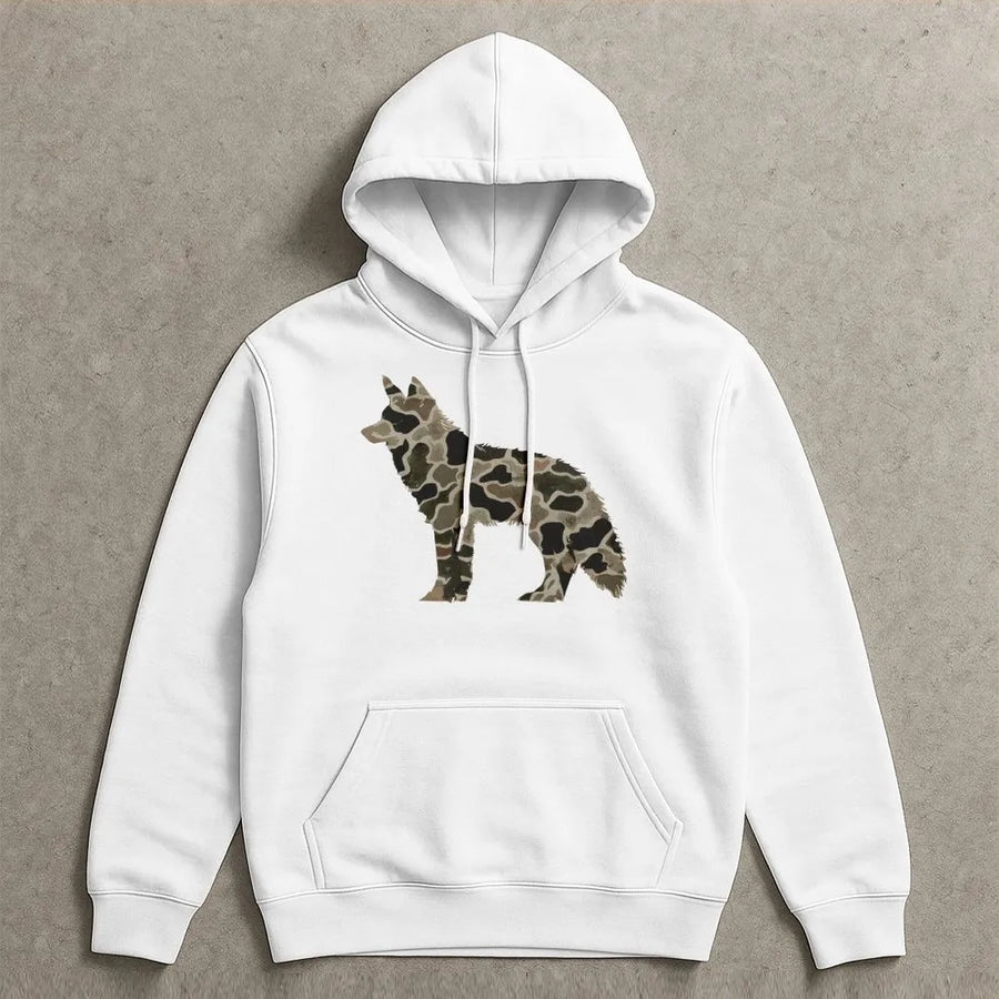 Coyote Hunting Hoodie | Camouflage Predator Graphic Art | Premium Cotton Blend Fleece | Gift for Hunter and Outdoorsman