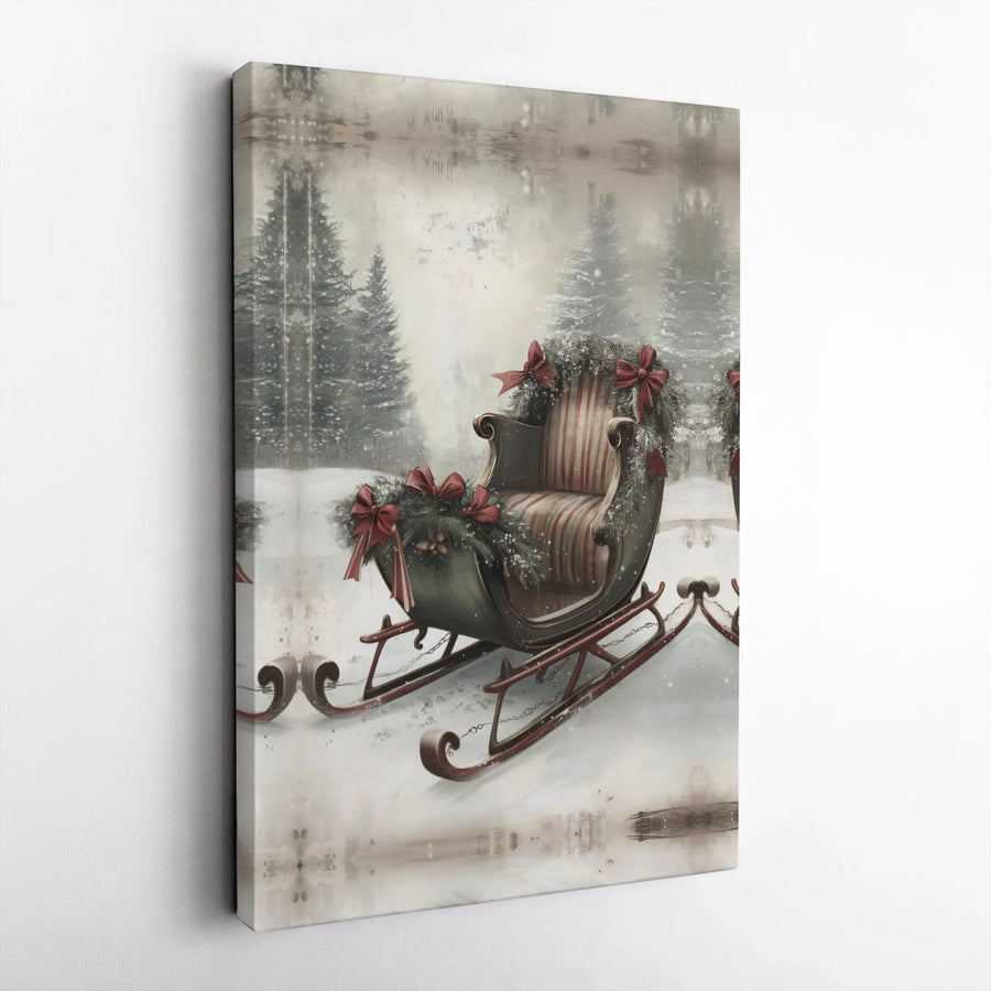 Vintage Christmas Sleigh Canvas Art | Snowy Winter Forest Landscape | Premium 1.25-Inch Gallery Wrap | Festive Holiday Wall Decor for Home