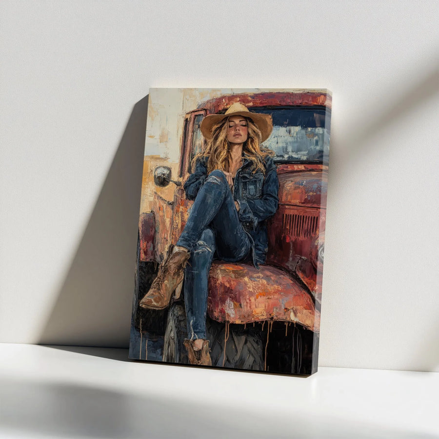 Western Cowgirl Canvas Wall Art | Textured Painting Print of Woman on Vintage Truck | Premium Frameless Gallery Wrap | Rustic Farmhouse Decor Gift