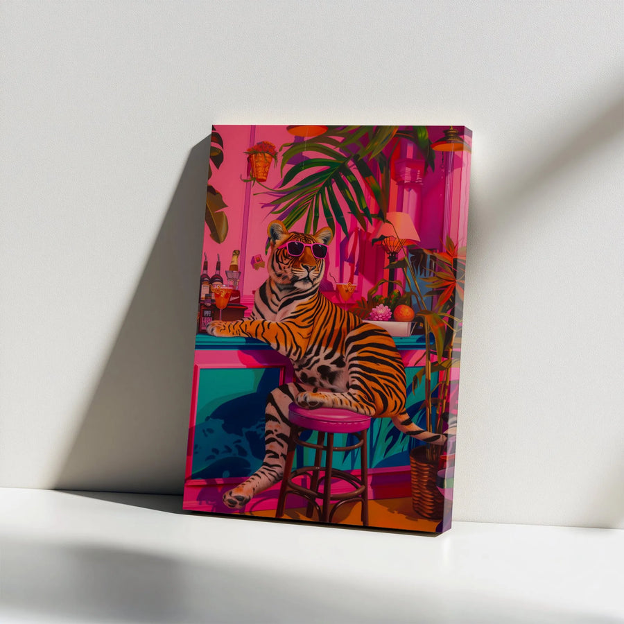 Tropical Bar Tiger Canvas Wall Art | Whimsical Neon Jungle Animal Decor | Premium Gallery Wrapped Print | Bold Maximalist Home Accent