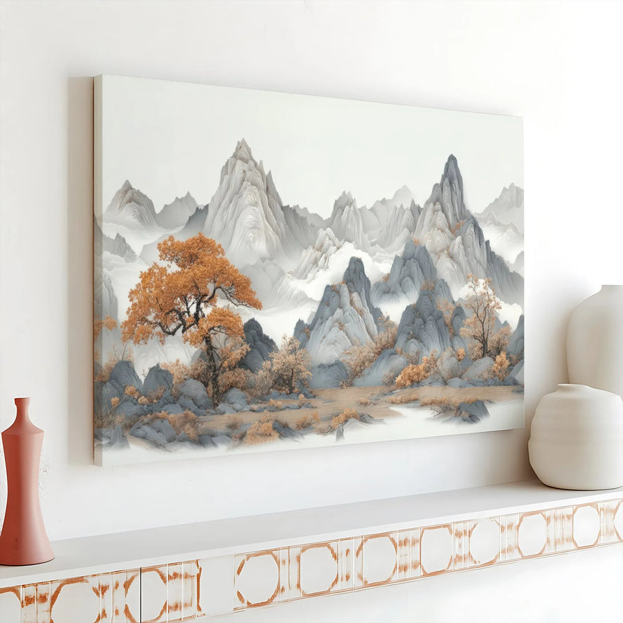 Japanese Mountain Canvas Wall Art | Textured Oriental Landscape with Golden Trees | Premium 1.25" Gallery Wrapped Canvas | Minimalist Home Decor Gift