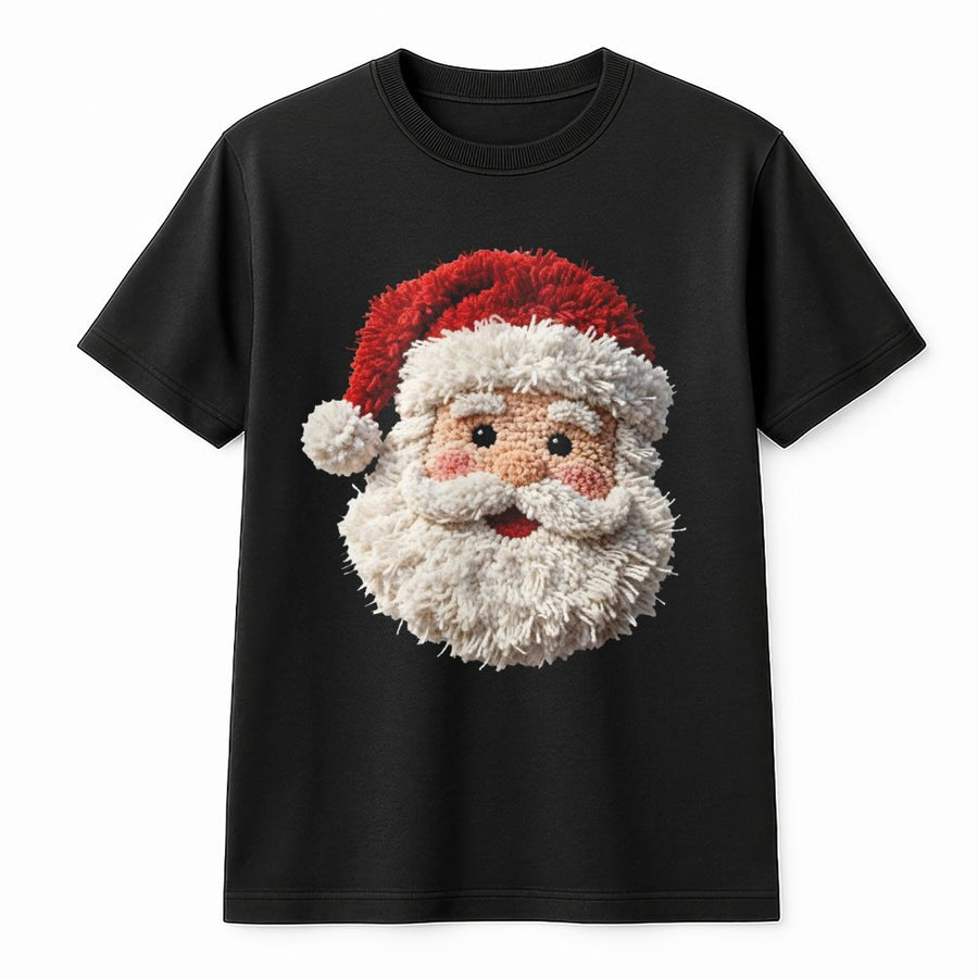 Punch Needle Santa Graphic T-Shirt | Textured Yarn Look Christmas Design | Premium Soft Cotton Tee | Festive Holiday Gift for Women and Men