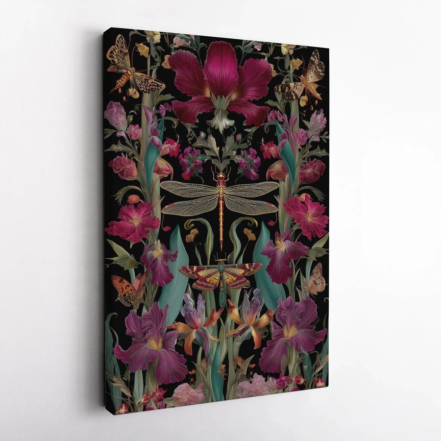 Dragonfly Canvas Wall Art | Vintage Botanical Floral Illustration | Premium Gallery Wrap Print | Dark Academia Home Decor Gift