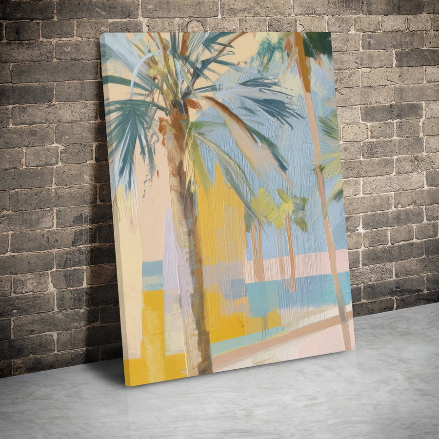 Abstract Palm Tree Beach Canvas Wall Art | Coastal Impressionist Oil Paint Look | Premium 1.25" Gallery Wrap | Modern Tropical Home Decor