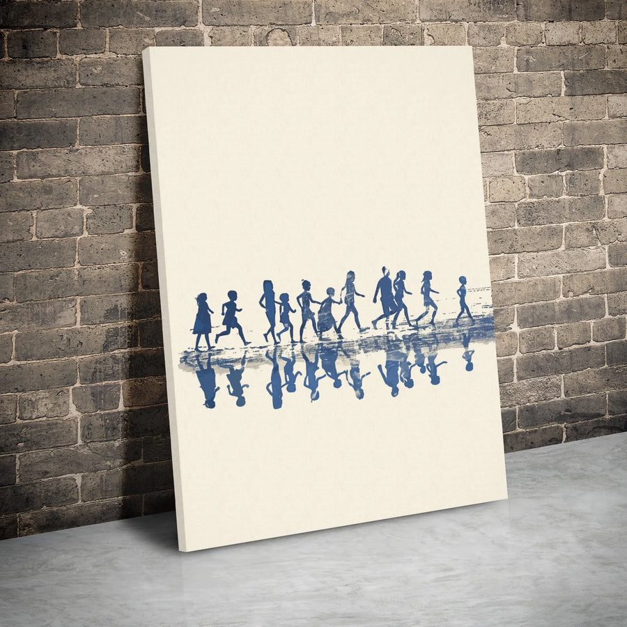Children Silhouette Canvas Art | Beach Walk Reflection Print | Gallery Wrapped Premium Wall Decor | Minimalist Nursery & Home Gift