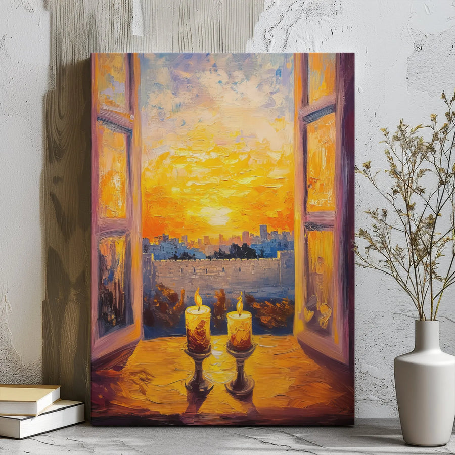 Jerusalem Shabbat Candles Canvas Wall Art | Impressionist Sunset Window View | Premium Gallery Wrap Print | Jewish Home Decor Gift