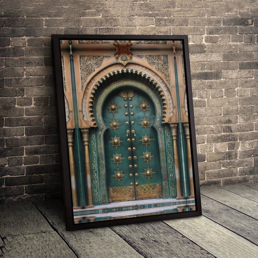 Moroccan Arched Door Canvas Wall Art | Ornate Green and Gold Architectural Print | Gallery Quality 1.25-inch Profile | Elegant Home Office Decor Gift