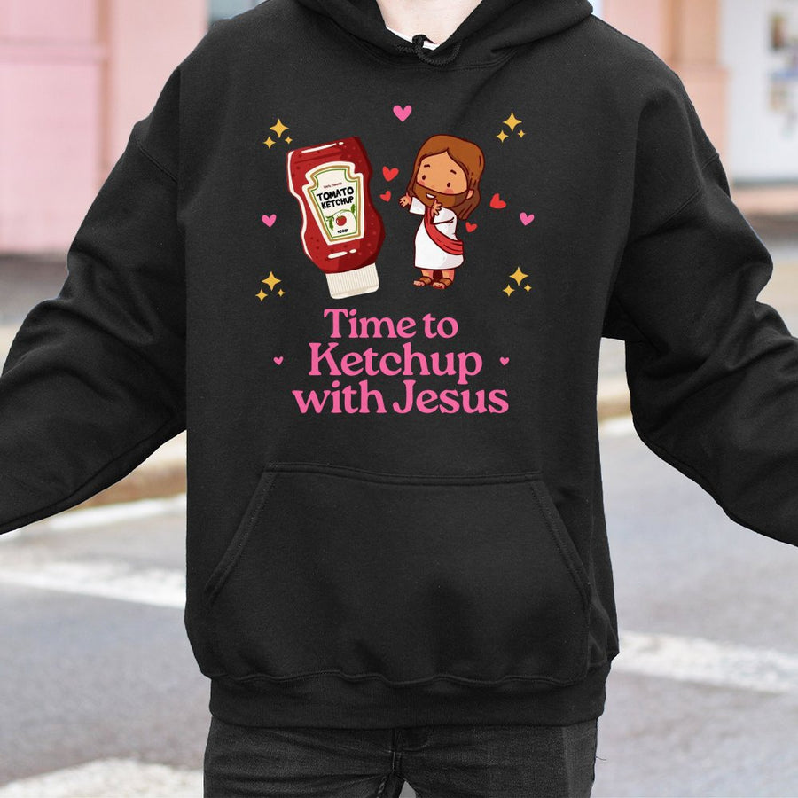 Time To Ketchup With Jesus Hoodie | Cute Religious Pun Graphic | Premium Cotton-Blend Pullover | Faith-Based Christian Gift For Men And Women