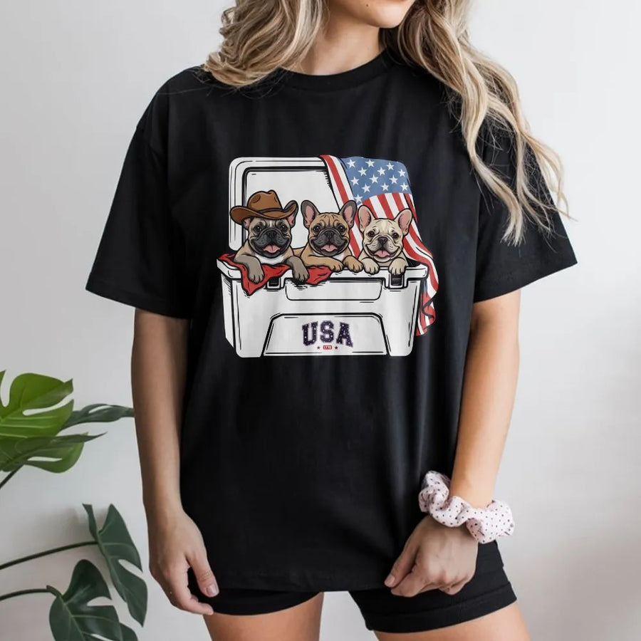 Patriotic French Bulldog T-Shirt | USA Flag Cooler Graphic Sweatshirt | Soft Cotton Blend | America 250th Anniversary Gift for Dog Lover