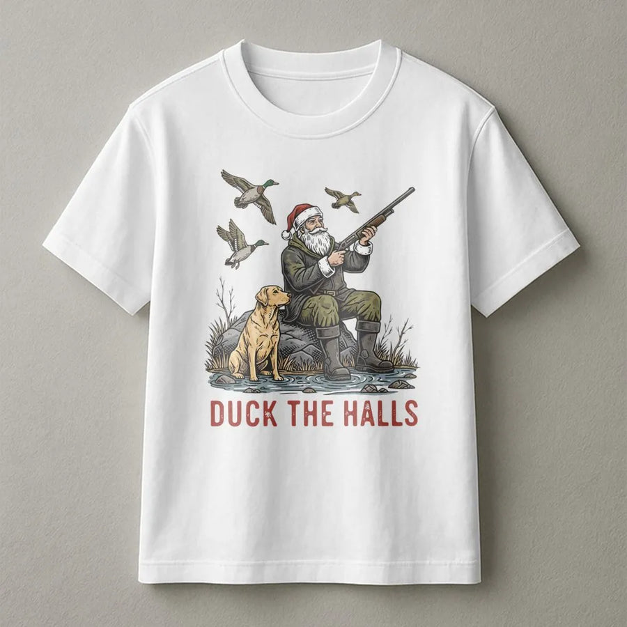 Duck Hunting Christmas T-Shirt | Duck The Halls Santa Graphic | Premium Cotton Unisex Tee | Funny Outdoorsman Holiday Gift