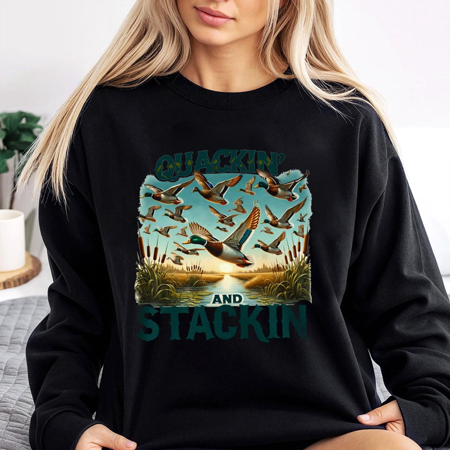 Quackin And Stackin Sweatshirt | Vintage Mallard Duck Hunting Graphic | Premium Cotton Blend Crewneck | Gift For Outdoorsman Hunter
