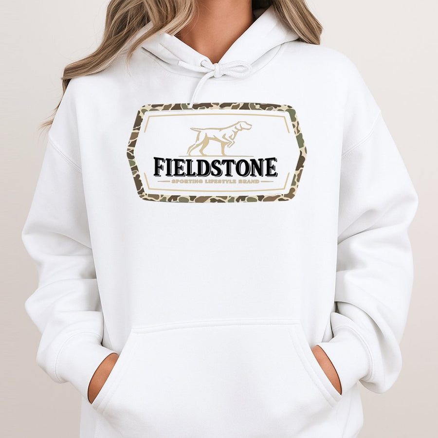 Fieldstone Hunting Hoodie | Camo Logo Sporting Graphic | Premium Cotton Blend | Gift For Outdoorsmen Ranchers And Country Life