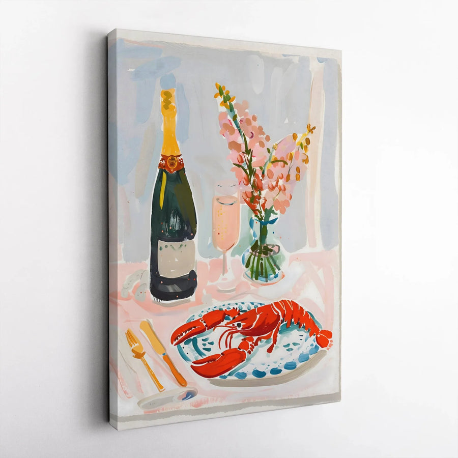Lobster Dinner Still Life Canvas | Champagne and Flowers Kitchen Art | Premium Gallery-Wrapped Print | Coastal Decor for Dining Room