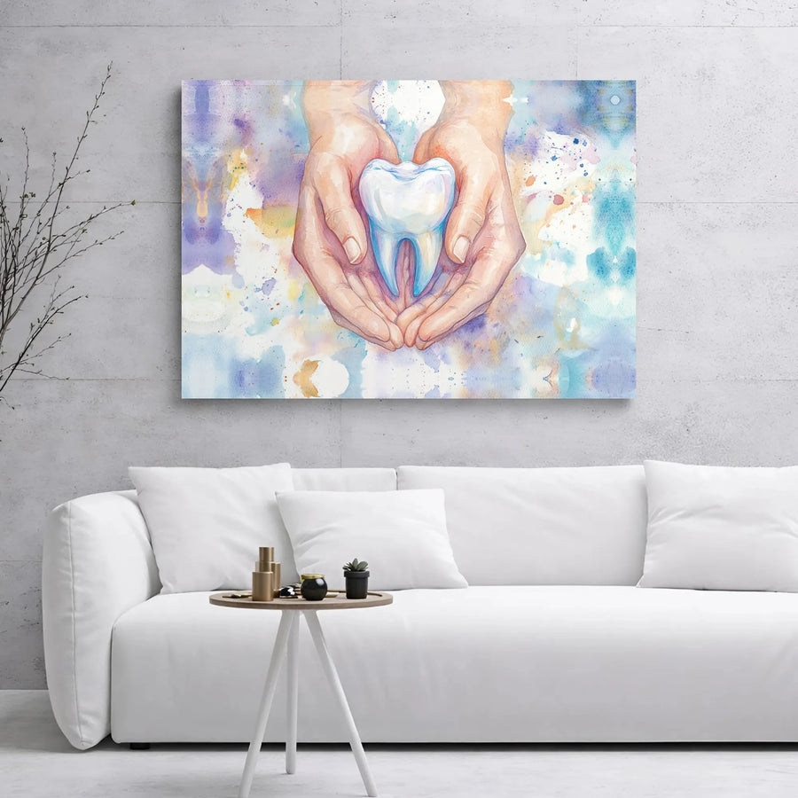 Dental Office Wall Art | Watercolor Tooth In Hands Print | Premium 1.25 Inch Gallery Wrap Canvas | Dentist Office Decor & Dental Hygienist Gift