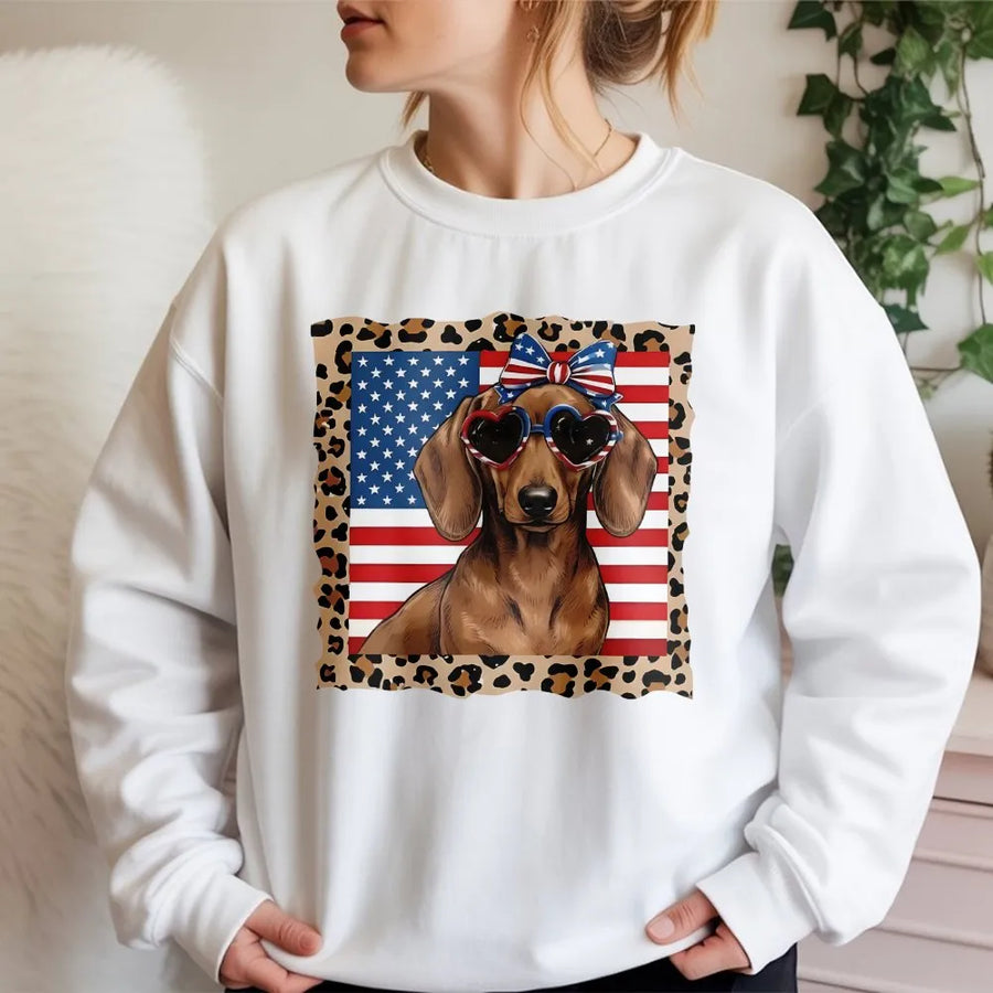 Patriotic Dachshund Sweatshirt | American Flag Dog with Sunglasses | Premium Cotton Crewneck | 4th of July Gift for Dog Lover