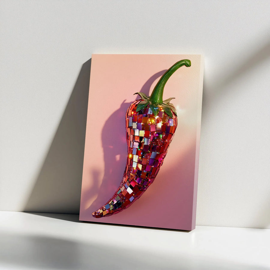 Disco Ball Chili Pepper Wall Art | Mosaic Sparkly Red Pepper Decor | Premium Gallery Wrap Canvas | Unique Kitchen & Dining Room Gift